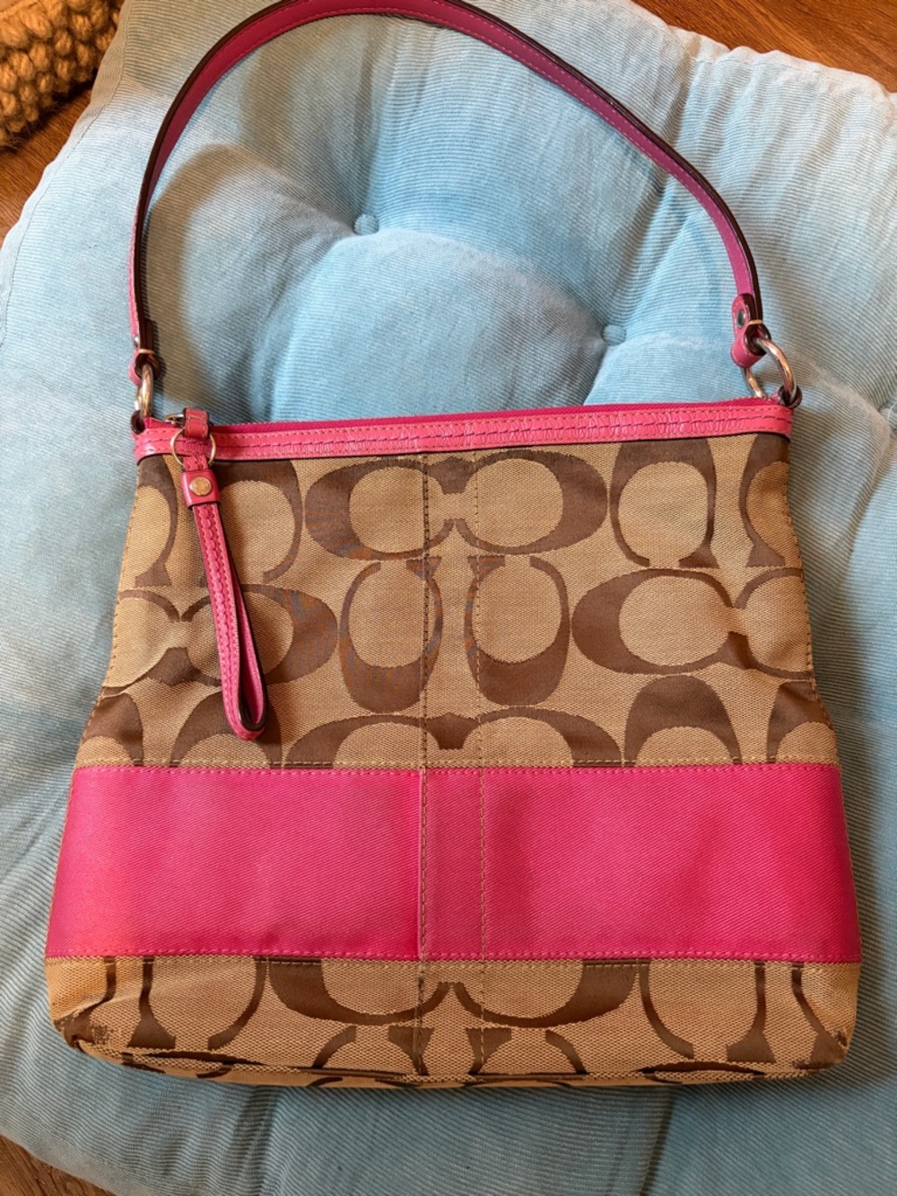 Coach Tan Brown Signature Jacquard Canvas Print Shoulder Bag with Hot Pink Trim